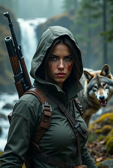 portrait of a beautiful women highly detailed,close-up,Face shot,Midium shot,(film grain),cinematic lighting,Portrait,DSLR,1girl,in forest，female warrior,Modern Hunter,Lara Croft,Tomb Raider movie,little bloodstains on her face，Handheld hunting rifle，in co...