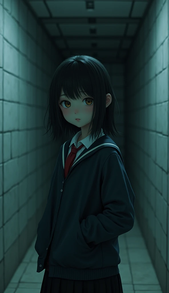 I&#39;m a 20-year-old Korean high school girl.,At night,In uniform, Horror atmosphere, There is a tile in the background,
