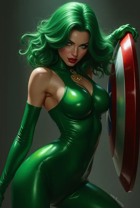 Full body artwork of a Shoulder length green haired villainess with glossy green lips, dressed in a skintight green bodysuit seduces and kills Captain America. 