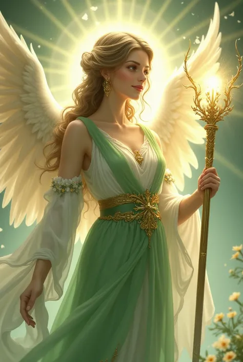 Seraphion has a warm and reassuring presence. Her hair is a light brown shade and wavy., and he has a soft and gentle expression. He wears clothes in shades of green and white, symbolizing healing and renewal. His aura is luminous and he carries a staff th...