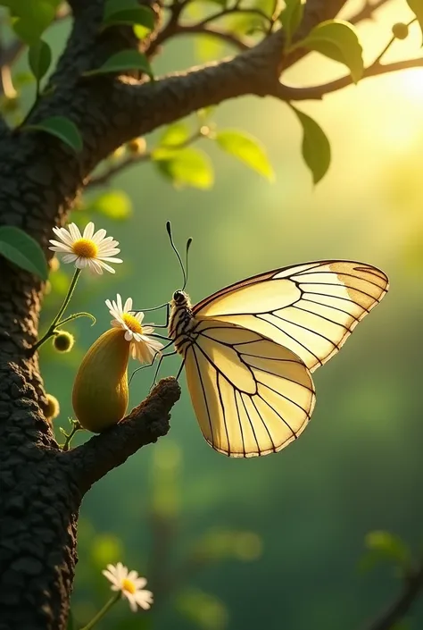 I want to see the scene of a  cocoon to a butterfly on the branch of a beautiful tree.