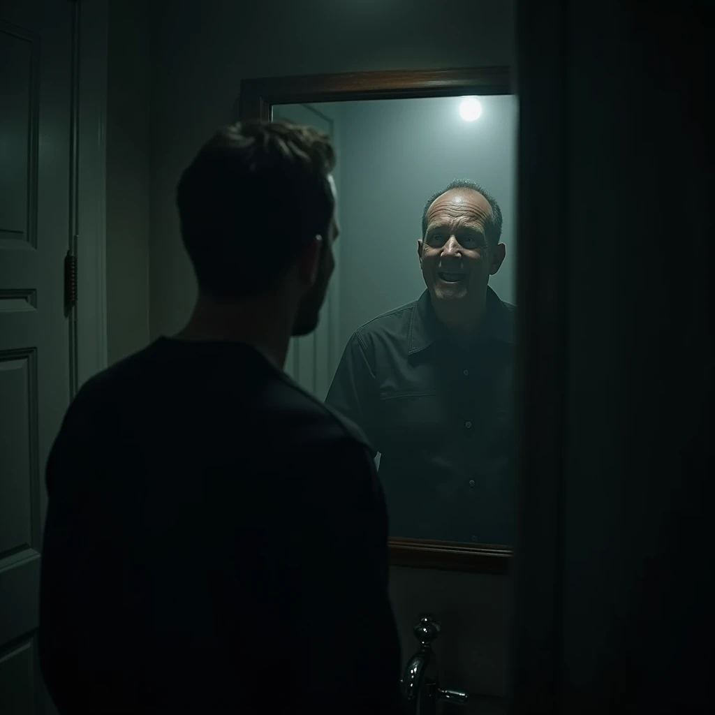 a frightened man standing in front of a mirror, his reflection showing an evil smile, в зеркале туман и дым, dark moody atmosphere, chiaroscuro lighting, cinematic composition, dramatic lighting, haunting, spooky, horror, dark fantasy, gothic, (best qualit...