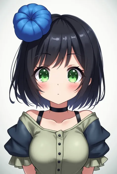 An anime character with short black hair and tall green eyes with a blue bun and a black chor that looks nice and fun 