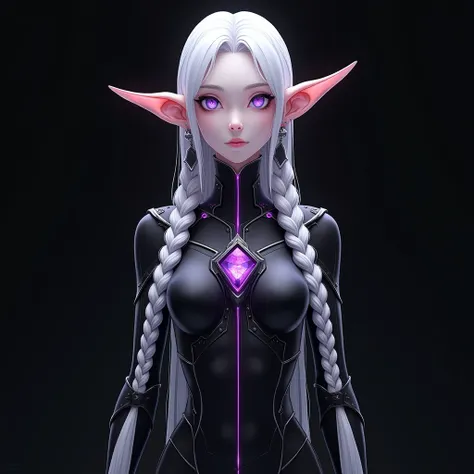 1girl, taller female character over 250cm tall, elf female with abnormally long elongated very longest elf ears over 90cm length, Albino skin and hair, beautiful and elegant face, oversized double dutch braids, slim and elegant tall body, metal accessories...