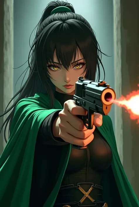 nahida_genshin, cross-shaped pupils, default_dress, green cape, dramatic lighting,   holding a gun, magnum, cowboy shot,aiming gun, 