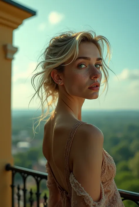 best quality, masterpiece, completely whole body, woman, freckled face, blonde hair, disheveled by the wind, emerald eyes full of tears, modern reckless dress by Kira Plastinina, Valentina Yudashkina, Giani Versace she stands on a small beautiful balcony a...