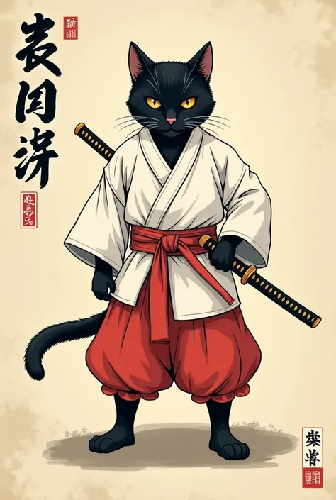 A stylized illustration of a black cat in a traditional Japanese samurai outfit, holding a katana. The cats fur is jet black, contrasting with its white samurai gi, which is tied with a red sash around the waist. The cats eyes are sharp and focused, giving...