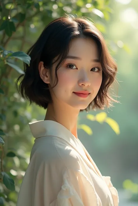 A beautiful Japanese woman with short hair that is not short or curly like a man&#39;s, smiling, not an anime or illustration, but a real person