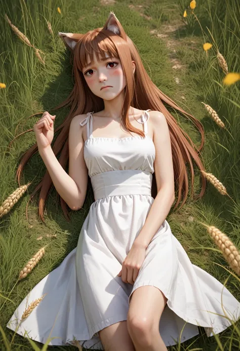 Holo from spice and wolf, wolf ears, wolf tails, brown hair, score_9, score_8_up, score_7_up, score_6_up, score_5_up, score_4_up, (embarrassed, blushing, shy, lying on back), white sundress, top view, by nora higuma, lovecraft style, high-detailed, 4k, whe...