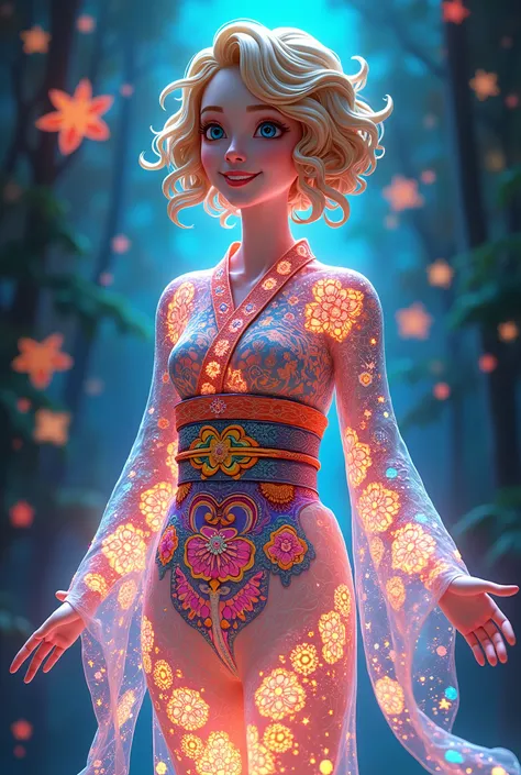 masterpiece, Highest quality), 8k,(((Very detailed))), Race:1.8,Super intricate Race pattern,colorful Race pattern,Stained glass background transparent body, Mandala,light up,cold, 1 female,front,(curl,blonde),kimono、A happy smile