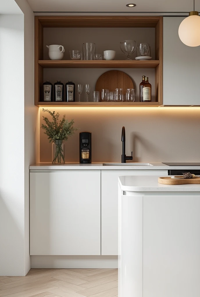 I require you to create kitchen bars emphasizing furniture such as shelves and finishes. They should be furniture in white tones and some natural wood colors.. Don&#39;t put neon lights, keep a traditional kitchen style but modern without wooden floors, ti...