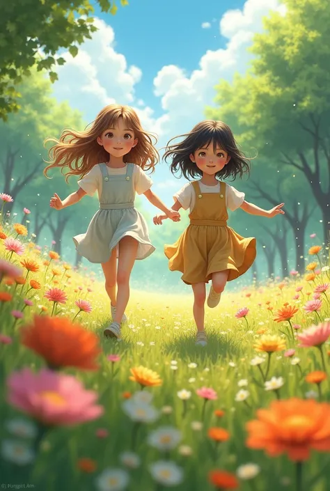 Two girls, running in a field of flowers, wearing country clothes, one of the girls has long, light brown hair, honey-colored eyes, white skin, sharp features, the other girl has black eyes, black hair a little longer than the shoulder, childish features, ...