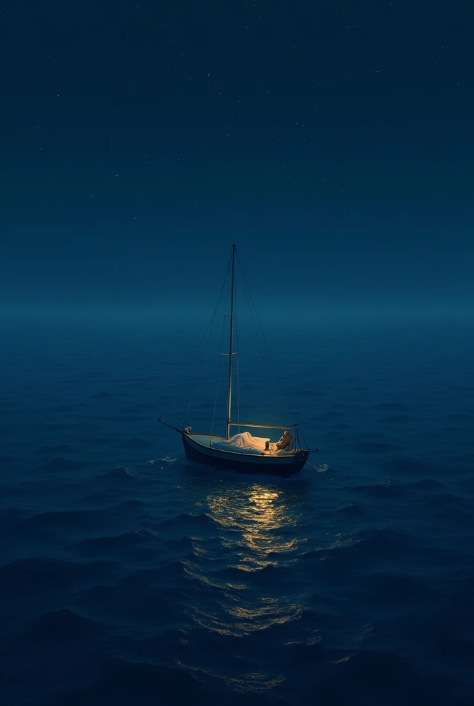 Blue night .A boat in the middle of the sea, inside the boat there is a bedroom light night overlooking the sea and waves crashing against the boat