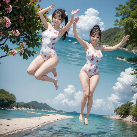 (((young slender Japanese girls jumping above sea in bright sky))), natural front lighting, ultra sharp focus,ponytail hair, (((bright skin))), (((dynamic angle))),((waving arms)), (((huge breasts))), (full body shot:2), (((wearing floral white one-piece s...