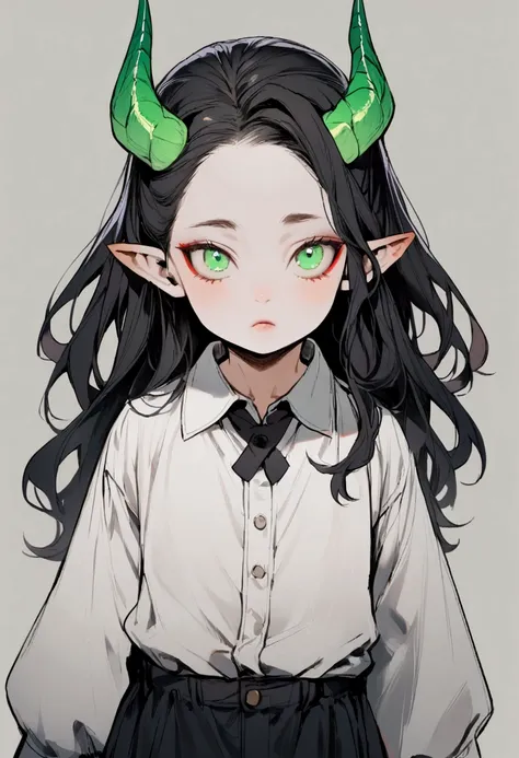 1boy, black hair, long hair, green eyes, red eyeliner, pointy ears, green horns, child