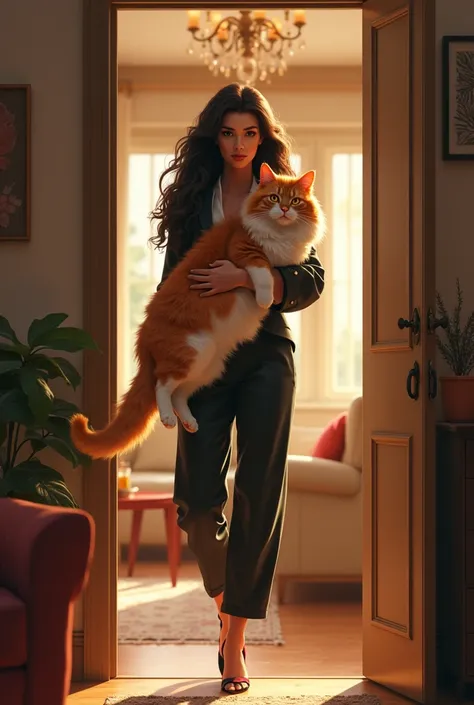 A stylishly dressed woman with long curly dark brown hair，Holding a big orange and white cat，Step into a warmly decorated apartment