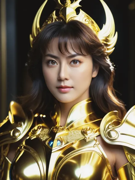 beautiful woman is wearing shining golden armor, saint seiya armorhigh detail, anime style, movie lighting, spark, divine light,...