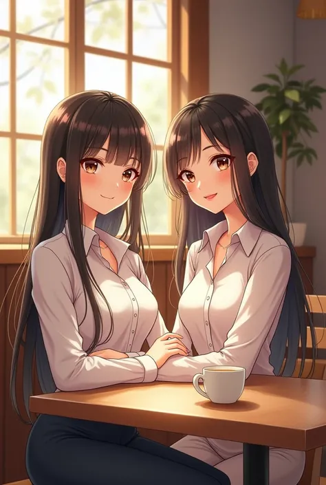 A realistic 2 black-haired woman sitting in a cafe with soft sunlight。Asian Beauty。Sitting alone。She is wearing a white blouse and facing me, smiling slightly.。Illustrated style