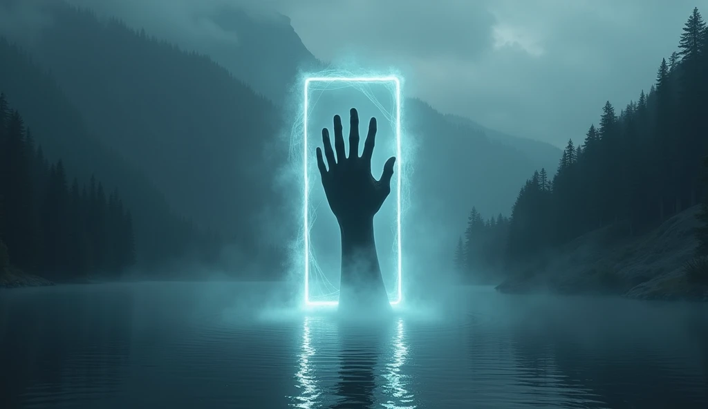 a small ghost door composed of a thin luminous thread inside which only darkness can be seen, the door frame rests on the surface of a mountain lake, the frame is very thin as invisible and does not give off much light, a monstrous hand emerges from the do...