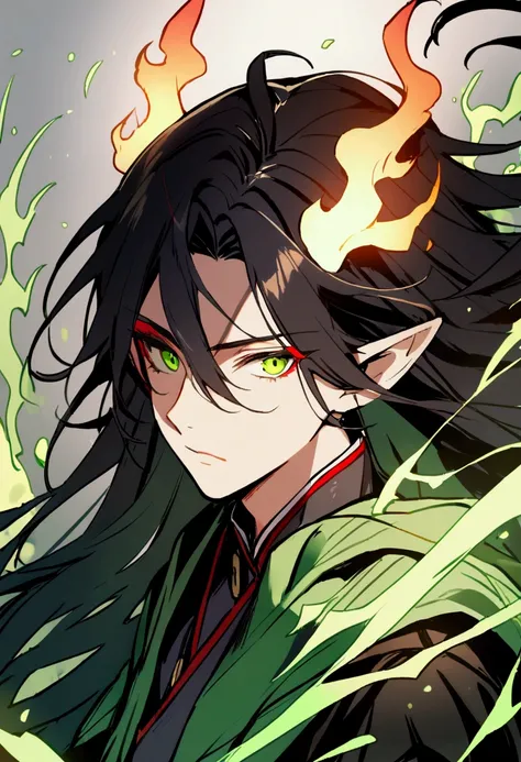 1 boy, black hair, long hair, green eyes, red eyeliner, pointy ears, green horns