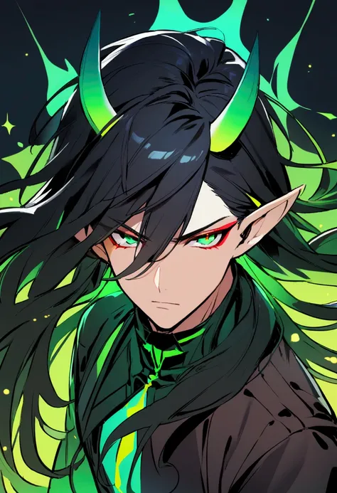 1 boy, black hair, long hair, green eyes, red eyeliner, pointy ears, green horns