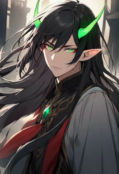 1 boy, black hair, long hair, green eyes, red eyeliner, pointy ears, green horns