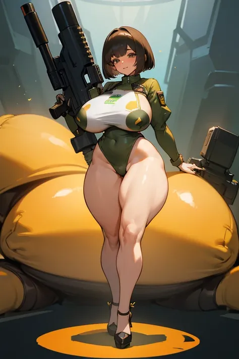 young girl, Pullover, hig cut leotardo, whole body to see, smiled, excited, moans, Bob cut hair, (( very wide hips)), (((colossal Thighs, gigantic thighs, very huge thighs, very big thighs))), fullbody, platform heels, Brown skin, very Big breast, gun, cyb...