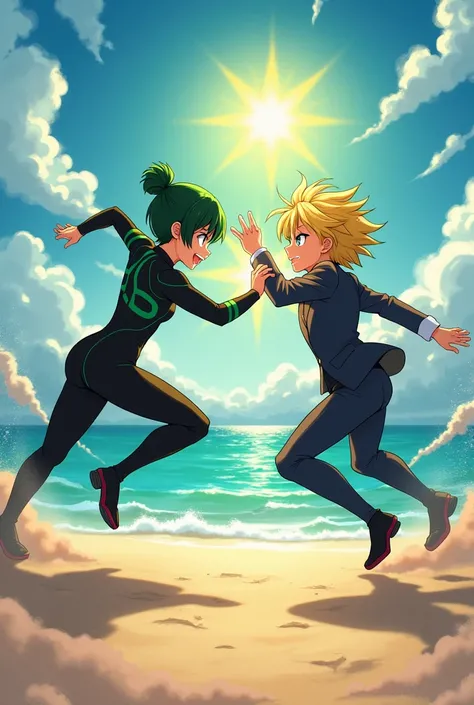 An anime character with short black hair and tall green eyes with a green bun and a black chor that looks nice and funny and bad and is in his chip mode fighting with another type of character that has medium long yellow hair with blue eyes and a suit and ...