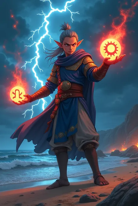 4k, a young man wearing blue armor long hair bun,gray in color,elf ears,holding two small glowing balls ,The first ball emits red light with the Capricorn zodiac symbol on the right hand.,the second ball emits an orange light with the zodiac symbol Leo in ...