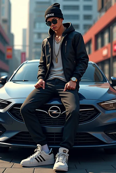 A men with beanie,on beanie angarage text,sunglasses,rolex,in background opel insignia,adidas shoes,anime,manga,angarage on beanie