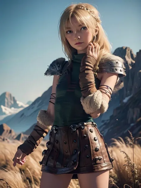 astrid hofferson, Skinny body, small bust, perfect hands, mini skirt, standing, 2 legs, shows her legs, Legs together, very beautiful, mountains in the distance