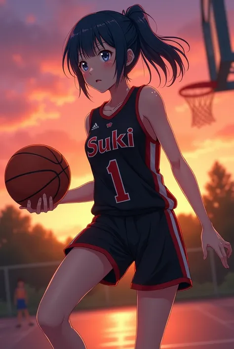 Anime university girl, wearing black basketball jersey, team name SUKI, number 1, holding a ball, full body, dark blue short ponytail hair, sunset at basketball court, sweaty, medium sized breast