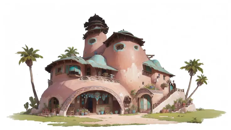 charming mud houses，its unique dome structure, decorated with turquoise tones，dotted with round windows, reminiscent of a fantas...