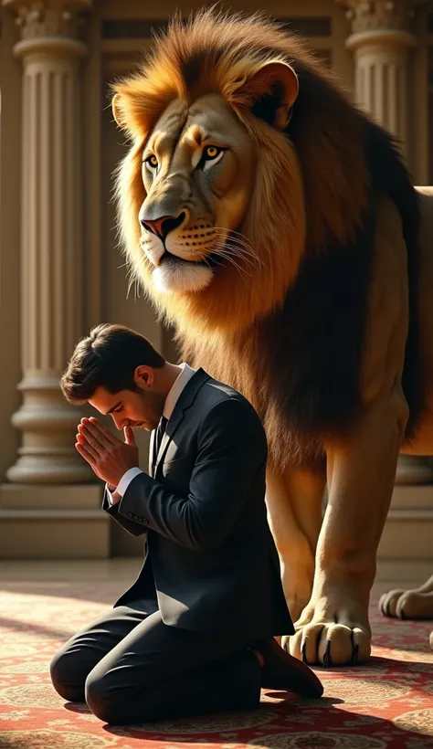 (photorealism:1.2), A businessman kneeling in prayer and a giant lion 