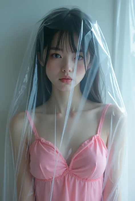 A cute long-haired Japanese girl，1，Height 160cm,Wearing a latex dress,pink,Mattress vacuum storage bag,vacuum pack,Suffocation,Remove the air from inside the bag,translucent,hazy，There are plastic bag reflective creases on the nose, mouth and head.，Full bo...