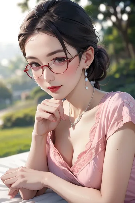 Beautiful mature 5 Japanese woman, Married women, Long eyelashes, Low Ponytail, Red lipstick, Pink blush, Pearl Necklace, Earrings, Dark eyeshadow, wear glasses, Cleavage, bra, Panties, Lying in the steppe, Summer lawn,  (Highest quality,4K,8k,High resolut...