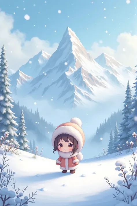 A toody anime character standing in front of snow mountain and snow fall and fog