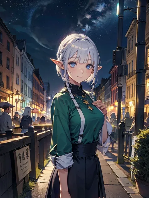 the cathedral is in the background、medieval cityscape at night,　stars shining、wide road、pointed ears、elf、blue eyes、green casual ...