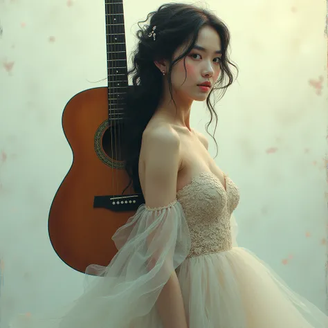 Create an image of a guitar on one side and a woman on the other 