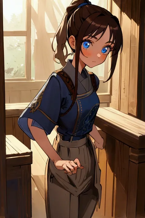 (masterpiece, best quality, absurdres, very detailed eyes), closeup, 1girl, solo, solofocus, blue eyes, dark brown hair, ponytail, fitted navy blue tunic with silver stitching, brown trousers, wood walls, wood, beer, sunlight, sunrays