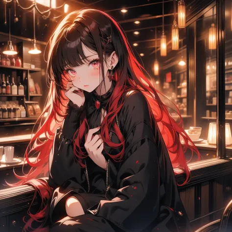 Cute wine red long straight hair brown eyes round face 1 girl wearing gothic aesthetic clothes, sitting in a café drinking coffee, sun set, Sad face,Tears from the eyes,cries, alone, Solitary, tears, reflection light, Illustration, Decorative art, film, Go...