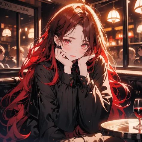 Cute wine red long straight hair brown eyes round face 1 girl wearing gothic aesthetic clothes, sitting in a café drinking coffee, sun set, Sad face,Tears from the eyes,cries, alone, Solitary, tears, reflection light, Illustration, Decorative art, film, Go...