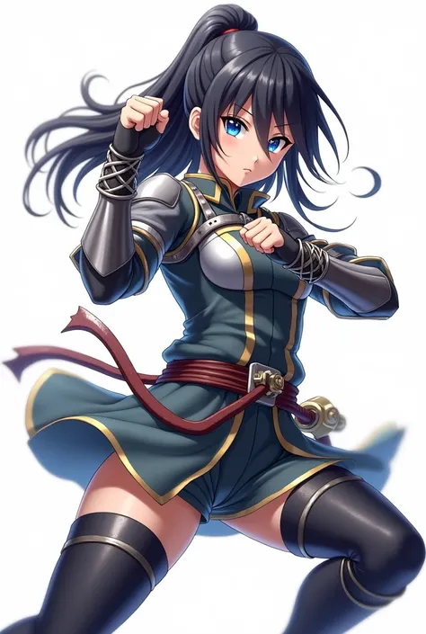 Anime girl with black hair and blue eyes, her entire body positioned and looking to the left, holding a leg in her hand as if she were fighting against a white background. I want serious features   ، She is dressed as a warrior 