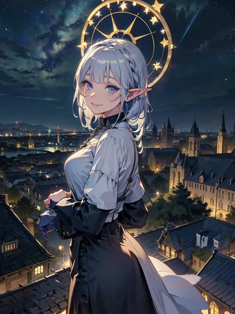 The cathedral is in the background、Medieval cityscape at night,　Stars Shining、Wide Road、Pointed Ears、Elf、blue eyes、Green casual clothing、Long eyelashes、Silver braided short hair、Turn around with a smile、Overlooking the city