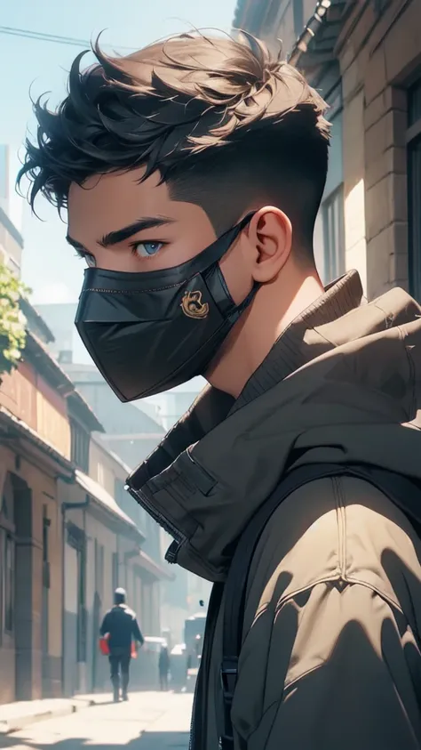 1 young boy,school background,absurderes,work of art,Bullish,solution,intrincately detailed,muscular,strutting plein-air,gorgeous eyes,face detailed,plein-air,Global illumination,Subsurface Dispersion, with a mask in his hands next to his face