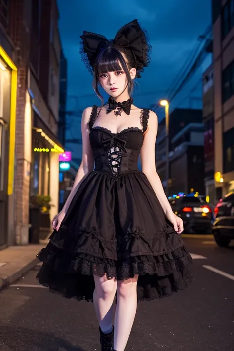 20yo,full body,night cityscape with neon lights,half updo,gothic lolita fashion,double eyelids,white people.