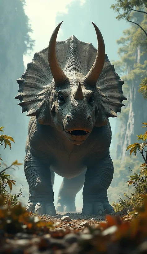 A cinematic image of a giant Triceratops