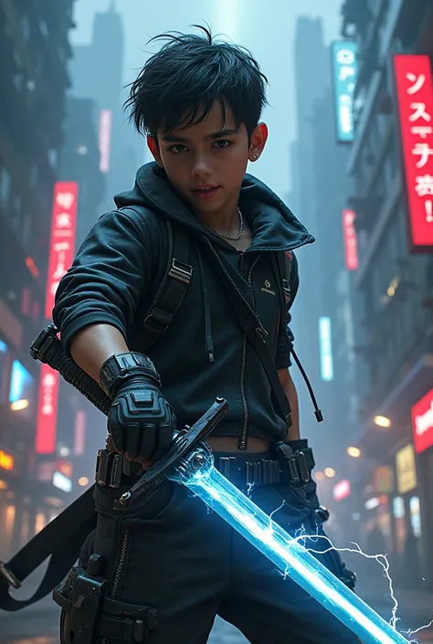 Cyberpunk boy with black flash sword 