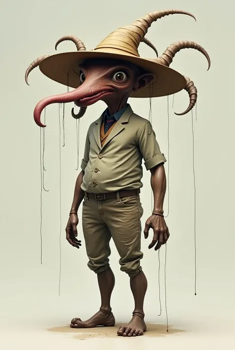 A man with a hat with six tongues all hanging down in all directions and his knees