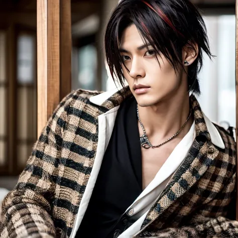 1 man, male, Japanese man, Visual Kai hairstyle, ultra detailed face and body, hyperrealistic, realistic representation, muscular, broad shoulders, tattoos gothic style, piercings, Visual Kei style, hairstyle Visual Kei, blond, long hair, 30 years old, age...